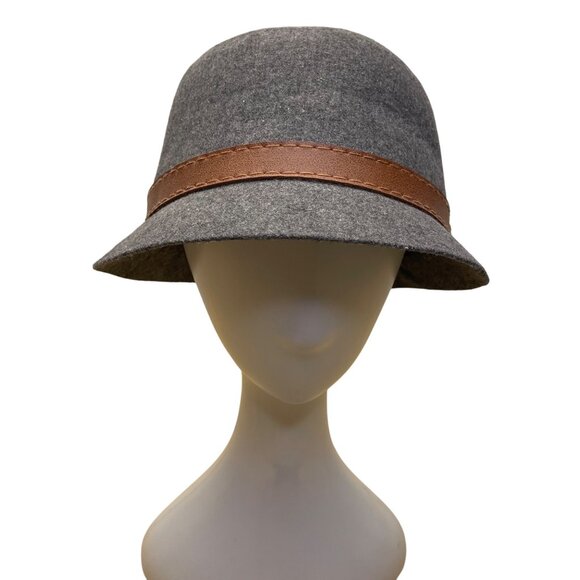 Gray Wool Felt Womens Bucket Hat W/ Brown Faux Leather Band Adjustable Stylish - Picture 1 of 10